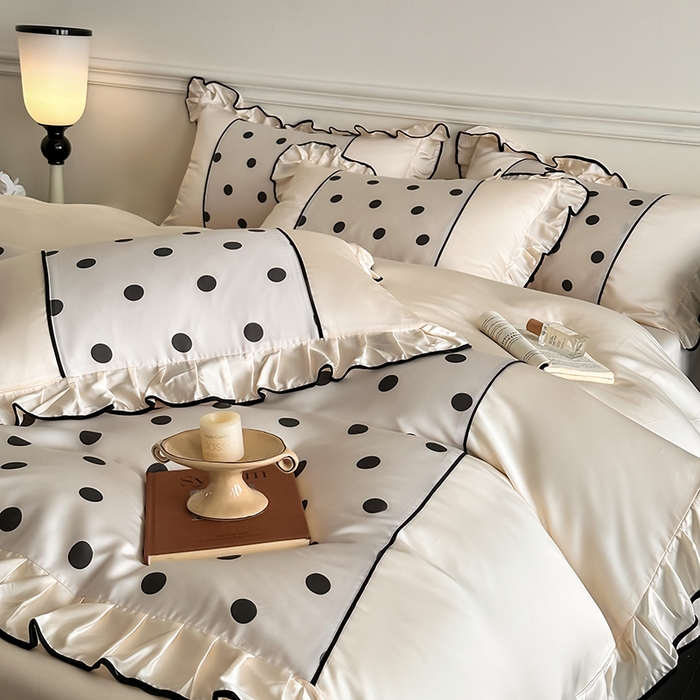 91家纺网 家纺一手货源 找家纺 置顶家纺 2025新款波点双面水洗天丝四件套 波点-奶昔白