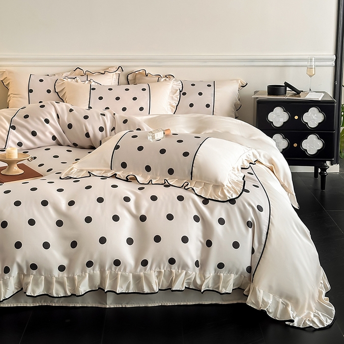 91家纺网 家纺一手货源 找家纺 置顶家纺 2025新款波点双面水洗天丝四件套 波点-奶昔白