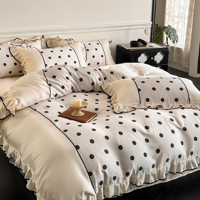 91家纺网 家纺一手货源 找家纺 置顶家纺 2025新款波点双面水洗天丝四件套 波点-奶昔白