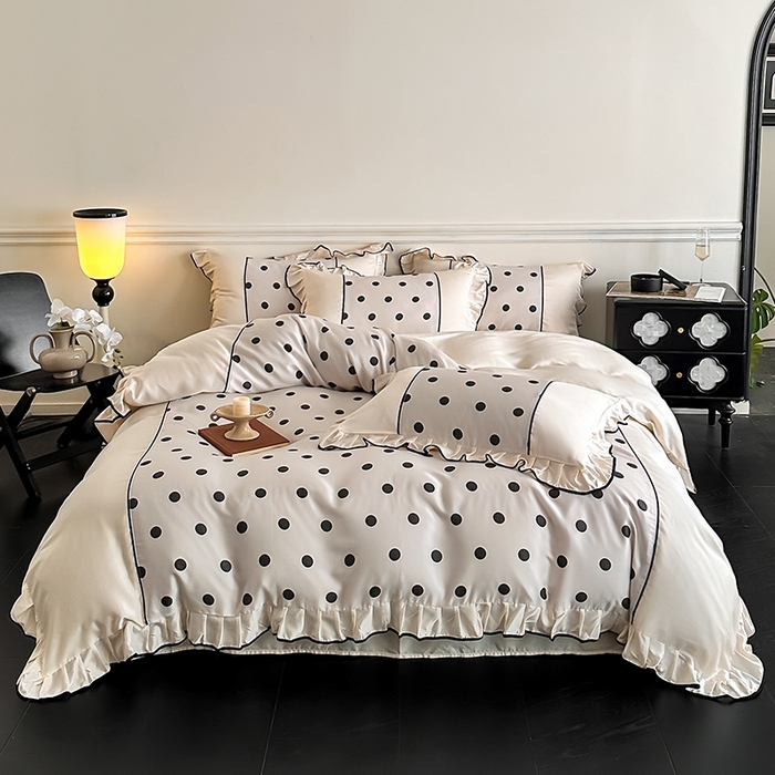 91家纺网 家纺一手货源 找家纺 置顶家纺 2025新款波点双面水洗天丝四件套 波点-奶昔白