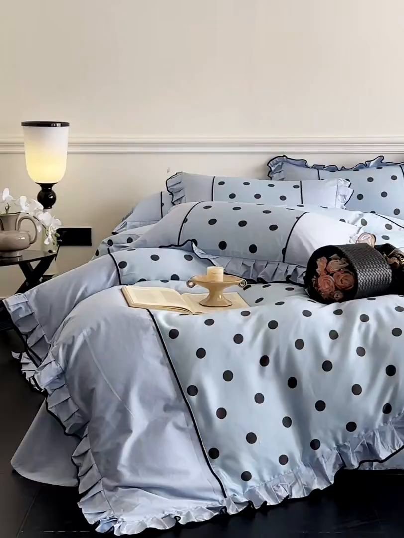 91家纺网 家纺一手货源 找家纺 置顶家纺 2025新款波点双面水洗天丝四件套 波点-浅蓝