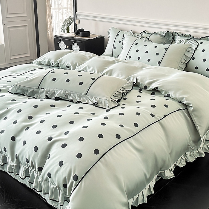 91家纺网 家纺一手货源 找家纺 置顶家纺 2025新款波点双面水洗天丝四件套 波点-水蓝