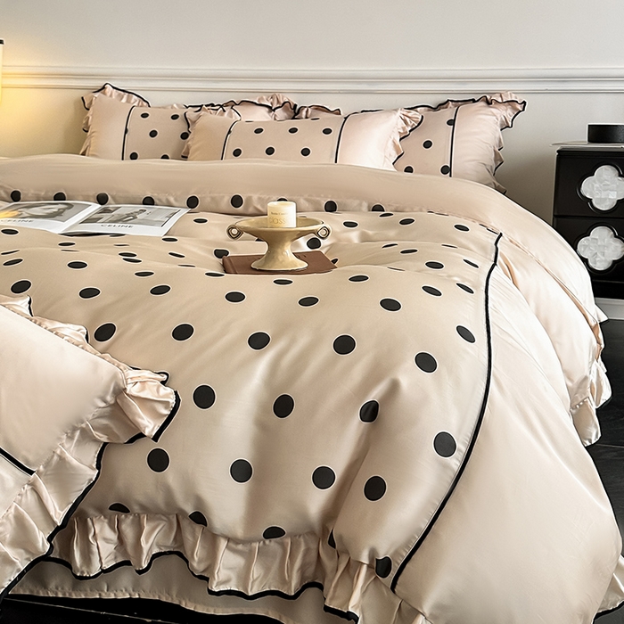 91家纺网 家纺一手货源 找家纺 置顶家纺 2025新款波点双面水洗天丝四件套 波点-奶咖