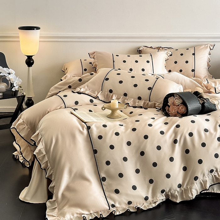 91家纺网 家纺一手货源 找家纺 置顶家纺 2025新款波点双面水洗天丝四件套 波点-奶咖