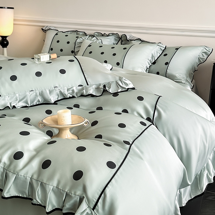 91家纺网 家纺一手货源 找家纺 置顶家纺 2025新款波点双面水洗天丝四件套 波点-水蓝