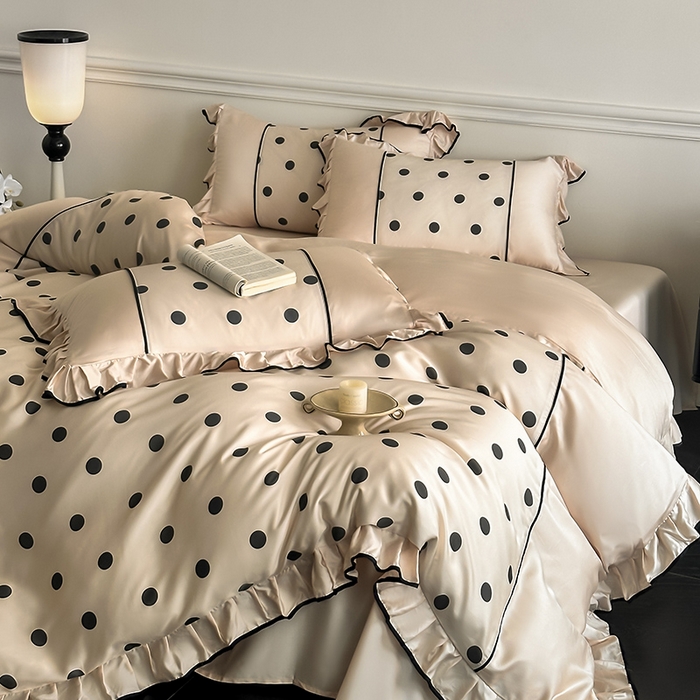 91家纺网 家纺一手货源 找家纺 置顶家纺 2025新款波点双面水洗天丝四件套 波点-奶咖