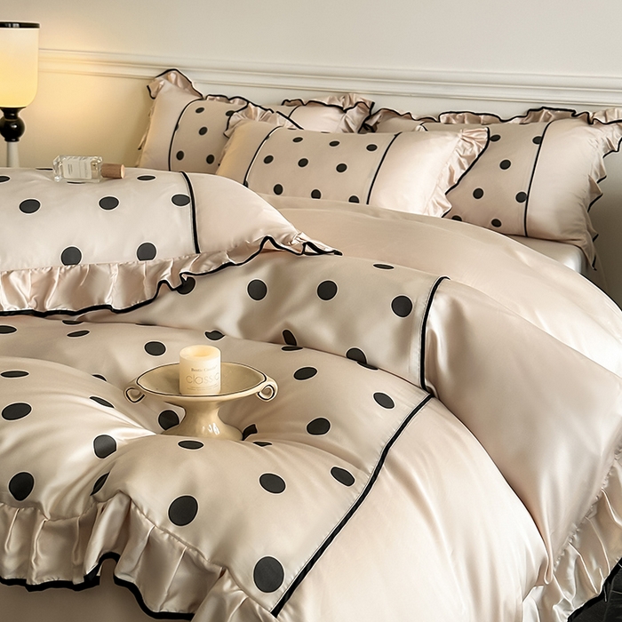 91家纺网 家纺一手货源 找家纺 置顶家纺 2025新款波点双面水洗天丝四件套 波点-奶咖