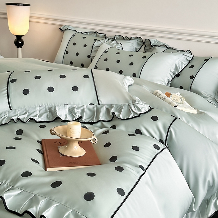 91家纺网 家纺一手货源 找家纺 置顶家纺 2025新款波点双面水洗天丝四件套 波点-水蓝