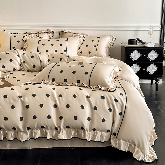 91家纺网 家纺一手货源 找家纺 置顶家纺 2025新款波点双面水洗天丝四件套 波点-奶咖