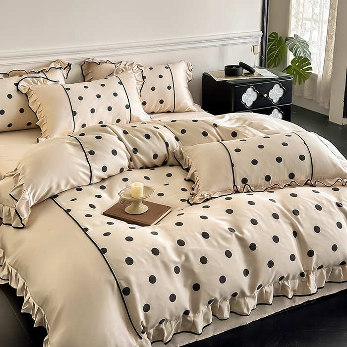 91家纺网 家纺一手货源 找家纺 置顶家纺 2025新款波点双面水洗天丝四件套 波点-奶咖