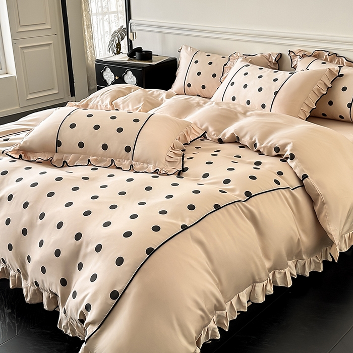 91家纺网 家纺一手货源 找家纺 置顶家纺 2025新款波点双面水洗天丝四件套 波点-奶咖