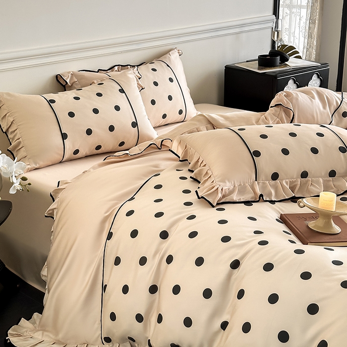 91家纺网 家纺一手货源 找家纺 置顶家纺 2025新款波点双面水洗天丝四件套 波点-奶咖