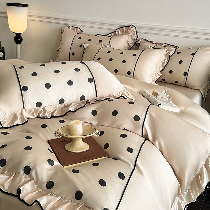 91家纺网 家纺一手货源 找家纺 置顶家纺 2025新款波点双面水洗天丝四件套 波点-奶咖