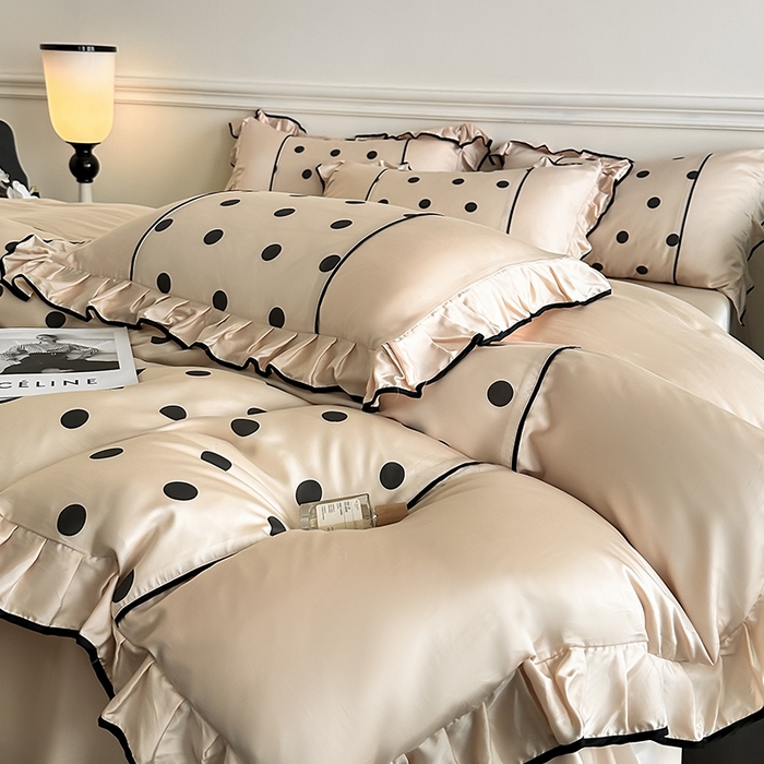 91家纺网 家纺一手货源 找家纺 置顶家纺 2025新款波点双面水洗天丝四件套 波点-奶咖
