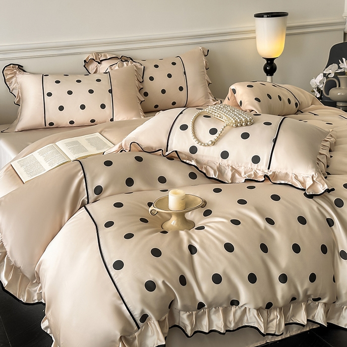 91家纺网 家纺一手货源 找家纺 置顶家纺 2025新款波点双面水洗天丝四件套 波点-奶咖