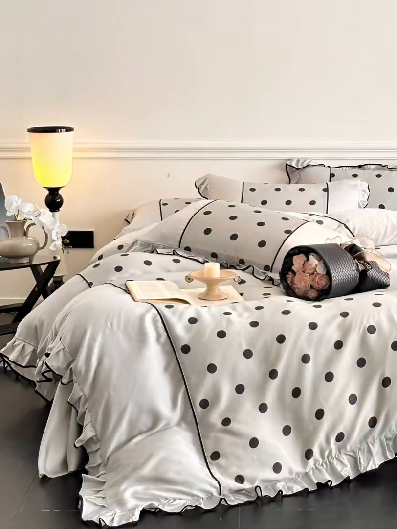 91家纺网 家纺一手货源 找家纺 置顶家纺 2025新款波点双面水洗天丝四件套 波点-水蓝