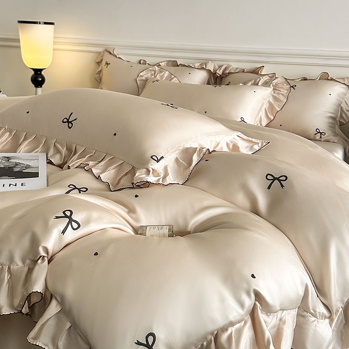 91家纺网 家纺一手货源 找家纺 置顶家纺 2025新款初心蝴蝶结水洗天丝印花四件套 蝴蝶结-咖色