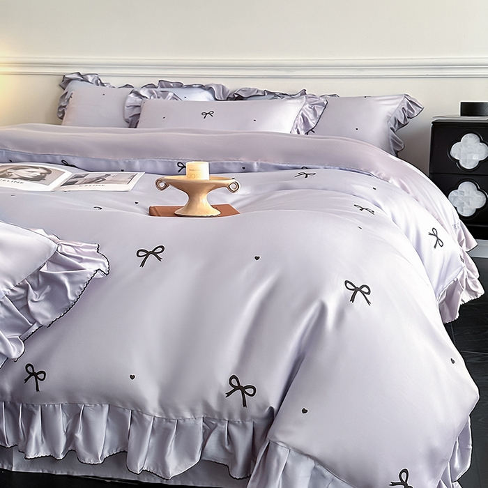 91家纺网 家纺一手货源 找家纺 置顶家纺 2025新款初心蝴蝶结水洗天丝印花四件套 蝴蝶结-香芋紫