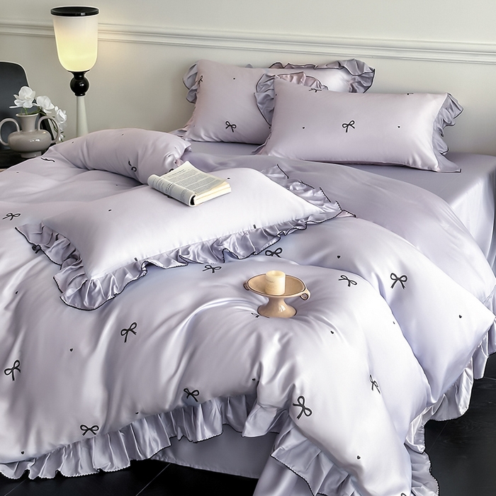 91家纺网 家纺一手货源 找家纺 置顶家纺 2025新款初心蝴蝶结水洗天丝印花四件套 蝴蝶结-香芋紫