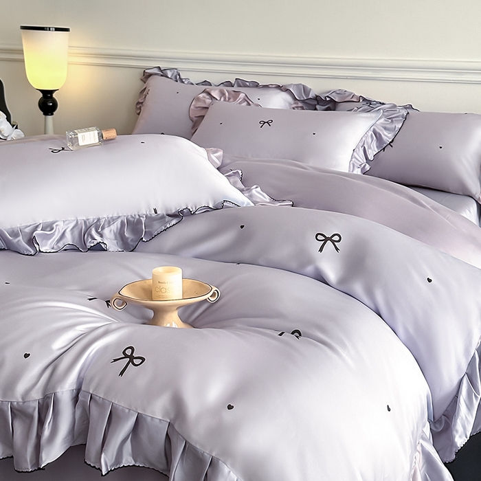 91家纺网 家纺一手货源 找家纺 置顶家纺 2025新款初心蝴蝶结水洗天丝印花四件套 蝴蝶结-香芋紫