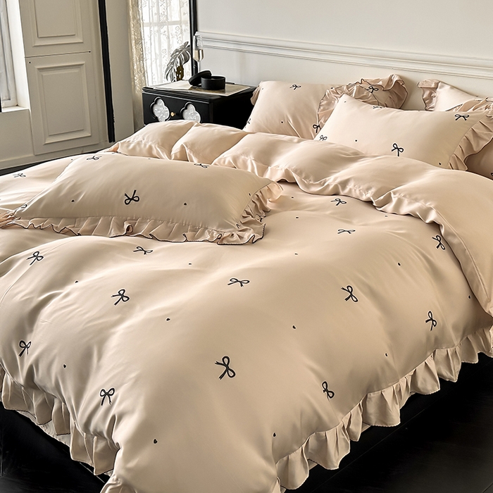 91家纺网 家纺一手货源 找家纺 置顶家纺 2025新款初心蝴蝶结水洗天丝印花四件套 蝴蝶结-咖色