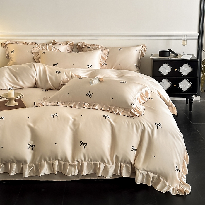 91家纺网 家纺一手货源 找家纺 置顶家纺 2025新款初心蝴蝶结水洗天丝印花四件套 蝴蝶结-咖色