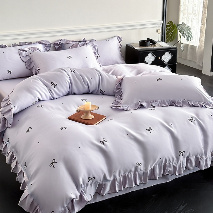 91家纺网 家纺一手货源 找家纺 置顶家纺 2025新款初心蝴蝶结水洗天丝印花四件套 蝴蝶结-香芋紫