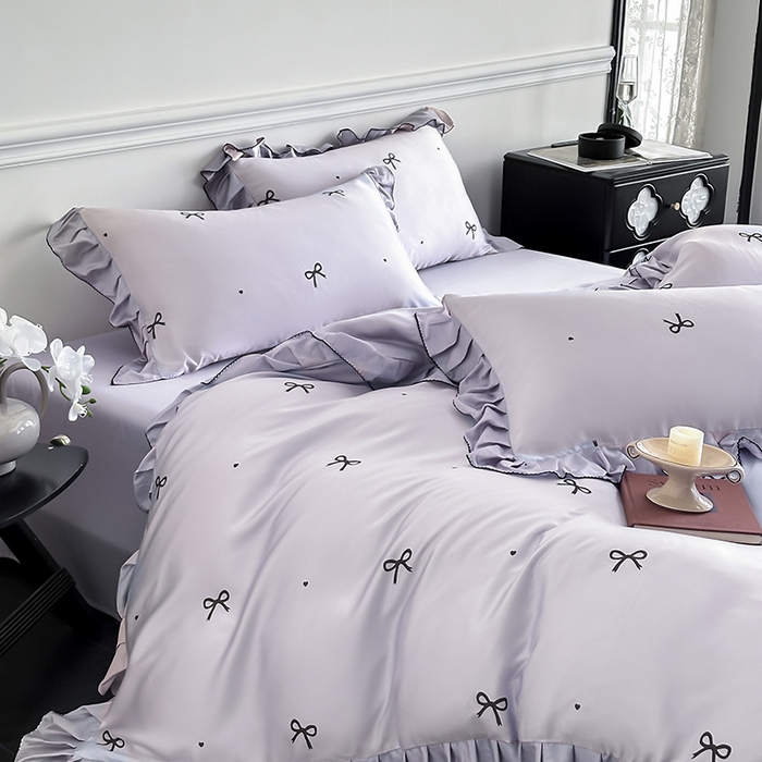 91家纺网 家纺一手货源 找家纺 置顶家纺 2025新款初心蝴蝶结水洗天丝印花四件套 蝴蝶结-香芋紫