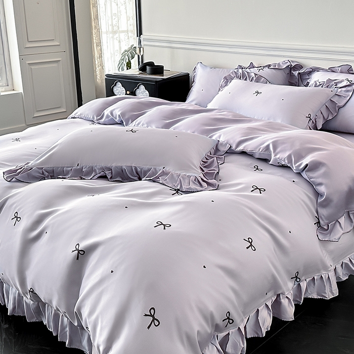 91家纺网 家纺一手货源 找家纺 置顶家纺 2025新款初心蝴蝶结水洗天丝印花四件套 蝴蝶结-香芋紫