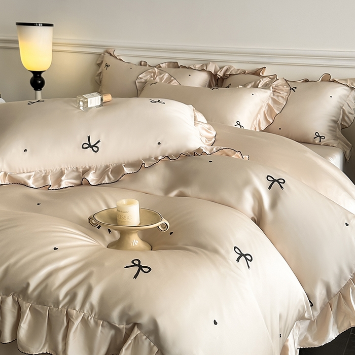 91家纺网 家纺一手货源 找家纺 置顶家纺 2025新款初心蝴蝶结水洗天丝印花四件套 蝴蝶结-咖色