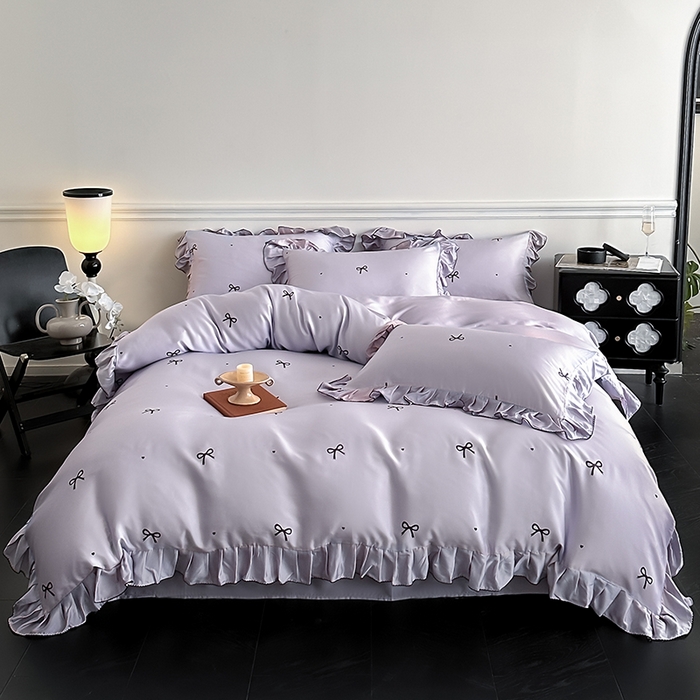 91家纺网 家纺一手货源 找家纺 置顶家纺 2025新款初心蝴蝶结水洗天丝印花四件套 蝴蝶结-香芋紫