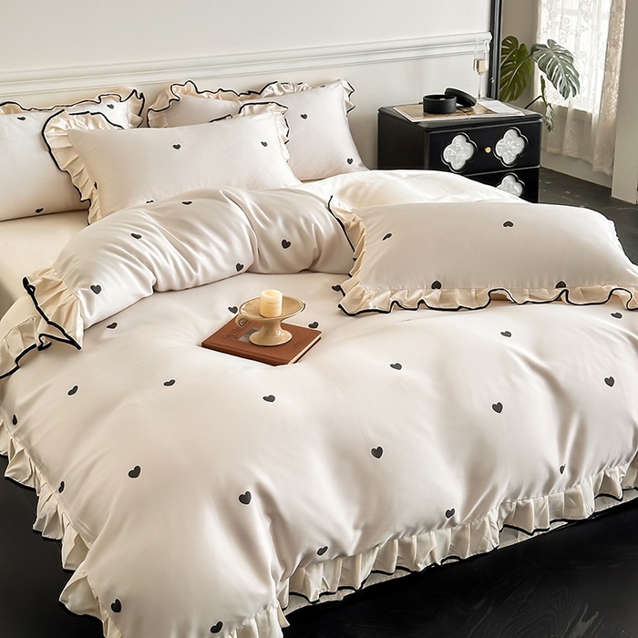 91家纺网 家纺一手货源 找家纺 置顶家纺 2025新款初心蝴蝶结水洗天丝印花四件套 初心-奶昔白