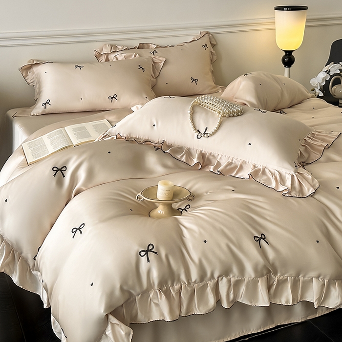 91家纺网 家纺一手货源 找家纺 置顶家纺 2025新款初心蝴蝶结水洗天丝印花四件套 蝴蝶结-咖色