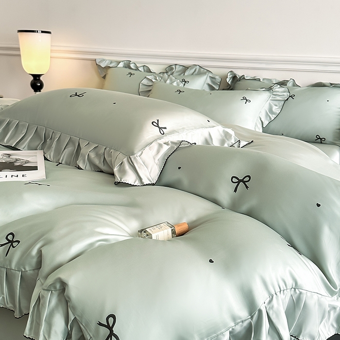 91家纺网 家纺一手货源 找家纺 置顶家纺 2025新款初心蝴蝶结水洗天丝印花四件套 蝴蝶结-繁星蓝