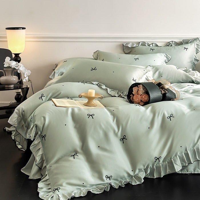 91家纺网 家纺一手货源 找家纺 置顶家纺 2025新款初心蝴蝶结水洗天丝印花四件套 蝴蝶结-繁星蓝