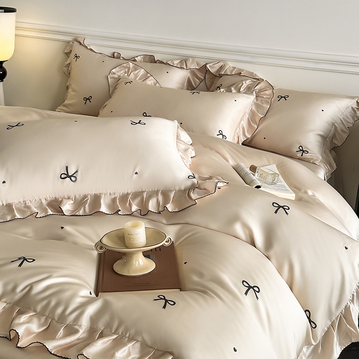 91家纺网 家纺一手货源 找家纺 置顶家纺 2025新款初心蝴蝶结水洗天丝印花四件套 蝴蝶结-咖色