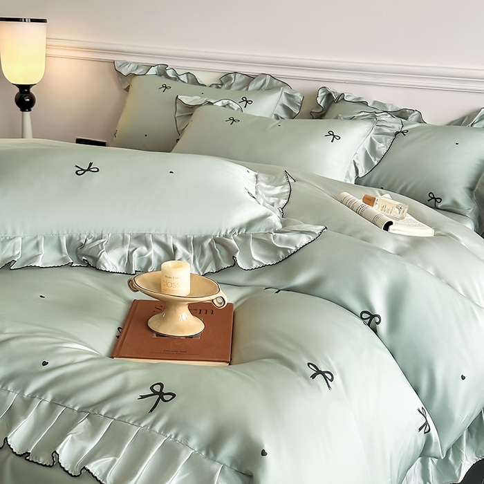 91家纺网 家纺一手货源 找家纺 置顶家纺 2025新款初心蝴蝶结水洗天丝印花四件套 蝴蝶结-繁星蓝