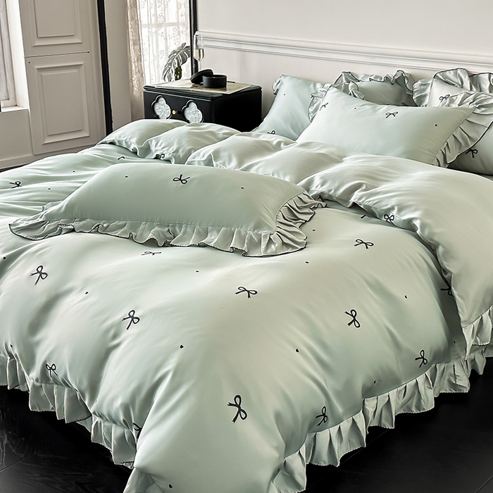 91家纺网 家纺一手货源 找家纺 置顶家纺 2025新款初心蝴蝶结水洗天丝印花四件套 蝴蝶结-繁星蓝