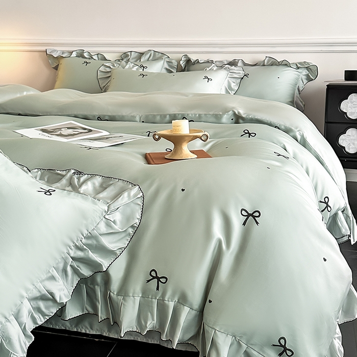 91家纺网 家纺一手货源 找家纺 置顶家纺 2025新款初心蝴蝶结水洗天丝印花四件套 蝴蝶结-繁星蓝