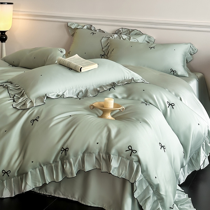 91家纺网 家纺一手货源 找家纺 置顶家纺 2025新款初心蝴蝶结水洗天丝印花四件套 蝴蝶结-繁星蓝