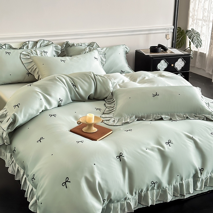 91家纺网 家纺一手货源 找家纺 置顶家纺 2025新款初心蝴蝶结水洗天丝印花四件套 蝴蝶结-繁星蓝