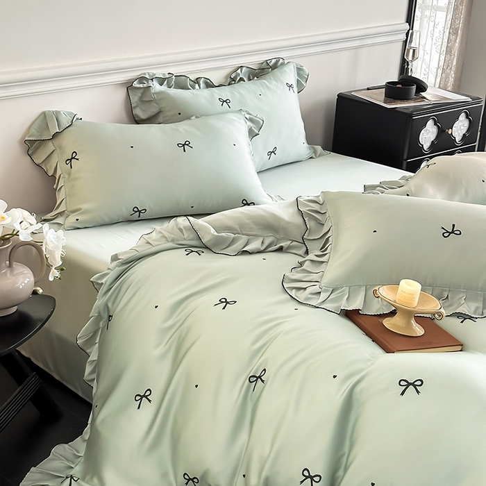 91家纺网 家纺一手货源 找家纺 置顶家纺 2025新款初心蝴蝶结水洗天丝印花四件套 蝴蝶结-繁星蓝