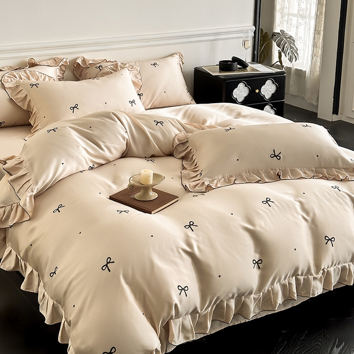 91家纺网 家纺一手货源 找家纺 置顶家纺 2025新款初心蝴蝶结水洗天丝印花四件套 蝴蝶结-咖色