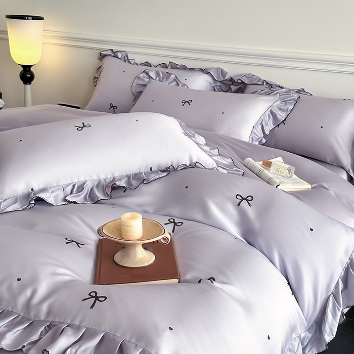 91家纺网 家纺一手货源 找家纺 置顶家纺 2025新款初心蝴蝶结水洗天丝印花四件套 蝴蝶结-香芋紫