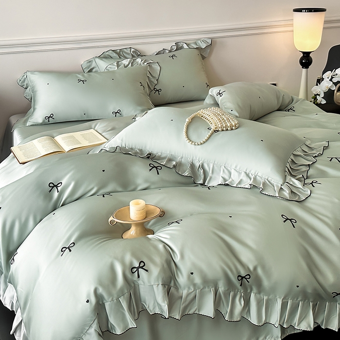 91家纺网 家纺一手货源 找家纺 置顶家纺 2025新款初心蝴蝶结水洗天丝印花四件套 蝴蝶结-繁星蓝