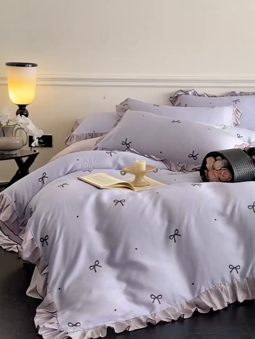 91家纺网 家纺一手货源 找家纺 置顶家纺 2025新款初心蝴蝶结水洗天丝印花四件套 蝴蝶结-香芋紫