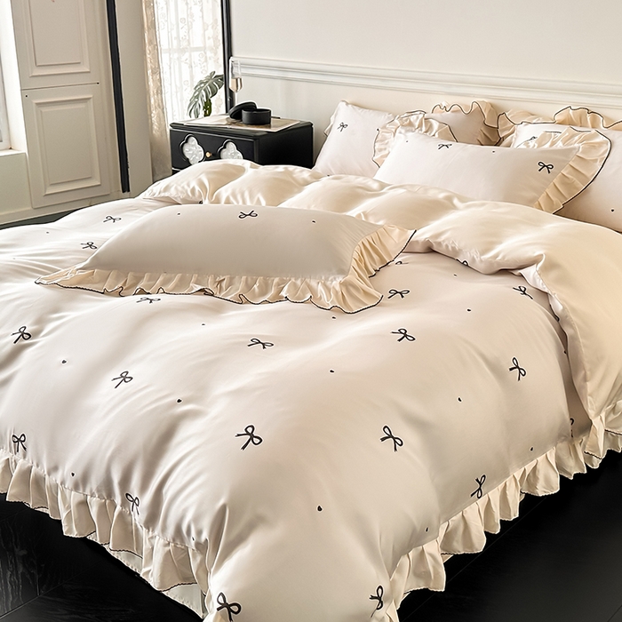 91家纺网 家纺一手货源 找家纺 置顶家纺 2025新款初心蝴蝶结水洗天丝印花四件套 蝴蝶结-奶白