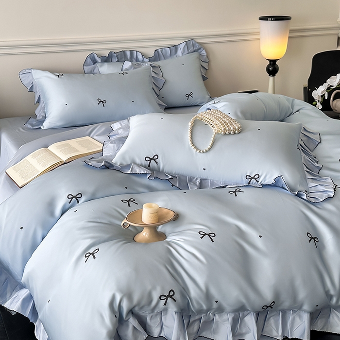 91家纺网 家纺一手货源 找家纺 置顶家纺 2025新款初心蝴蝶结水洗天丝印花四件套 蝴蝶结-天空蓝