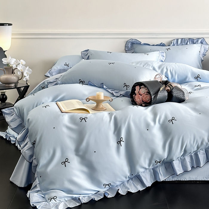 91家纺网 家纺一手货源 找家纺 置顶家纺 2025新款初心蝴蝶结水洗天丝印花四件套 蝴蝶结-天空蓝