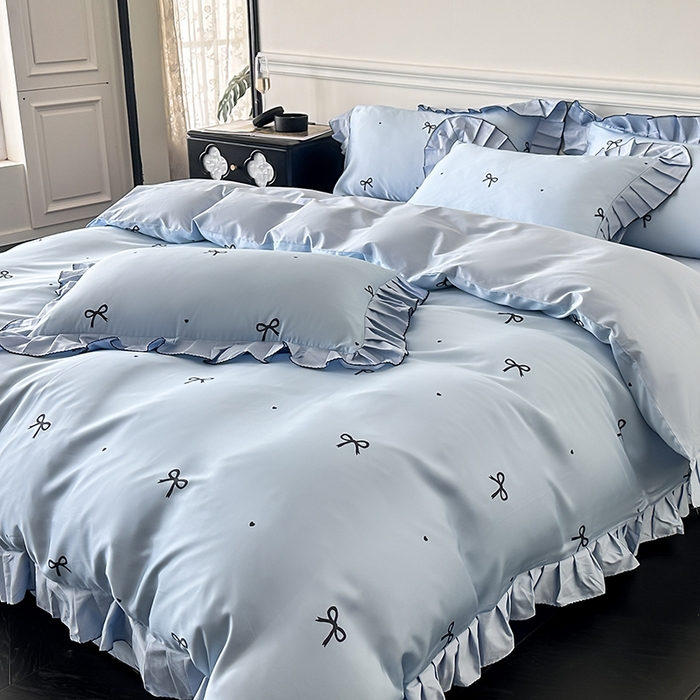 91家纺网 家纺一手货源 找家纺 置顶家纺 2025新款初心蝴蝶结水洗天丝印花四件套 蝴蝶结-天空蓝